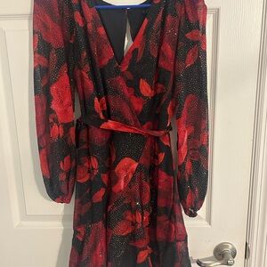 Elegant Red Floral Wrap Dress